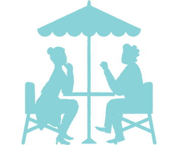 Icon of two people sitting at a table and chairs with an umbrella open above them