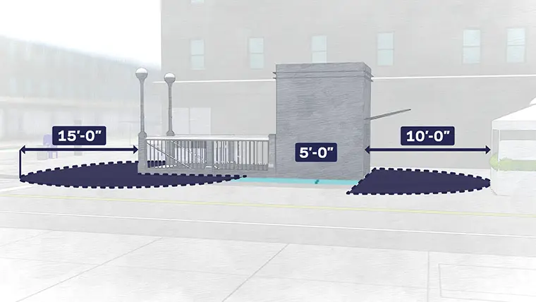 Diagram showing how to measure clearances from MTA stairs and elevator