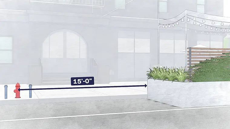 Diagram showing a fire hydrant and roadway dining setup with 15' between measured from the center of the fire hydrant to the edge of the roadway setup