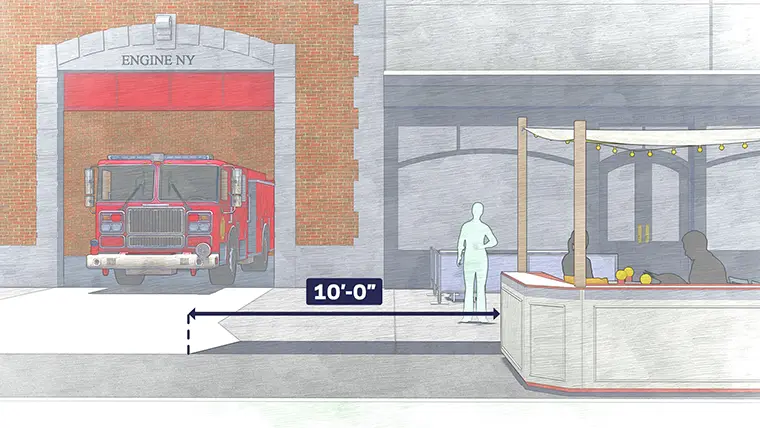 Diagram showing how to measure from an FDNY curb cut