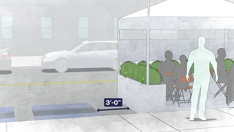 Diagram showing how to measure between a transformer vault and a roadway dining setup