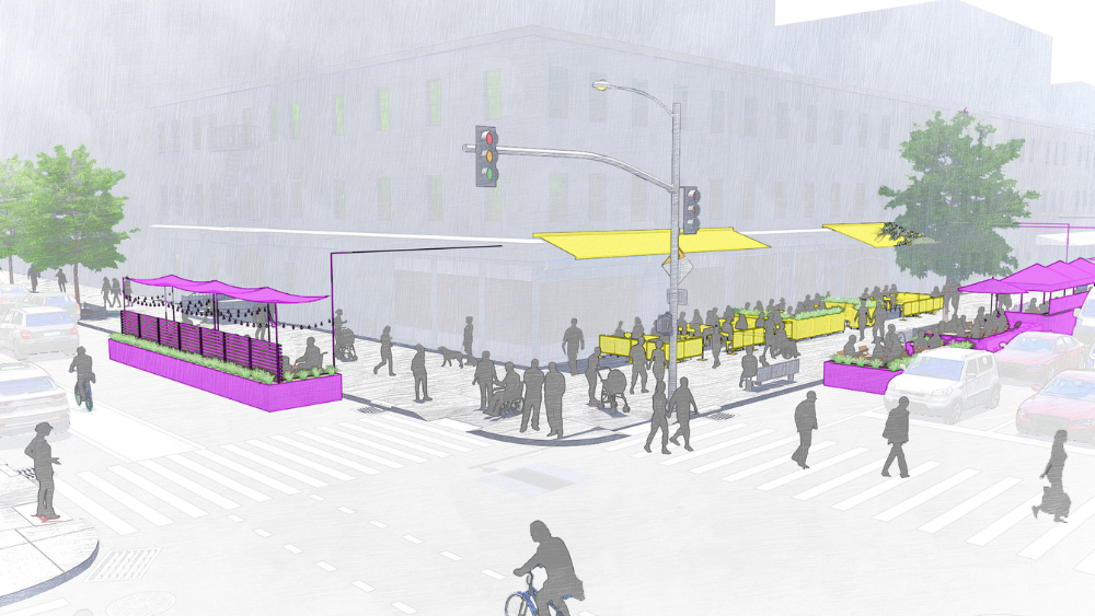 Diagram of outdoor dining setups in a city. Barriers surround roadway dining setups and are colored pink, while sidewalk dining areas are bordered by smaller barriers and have yellow canopies.