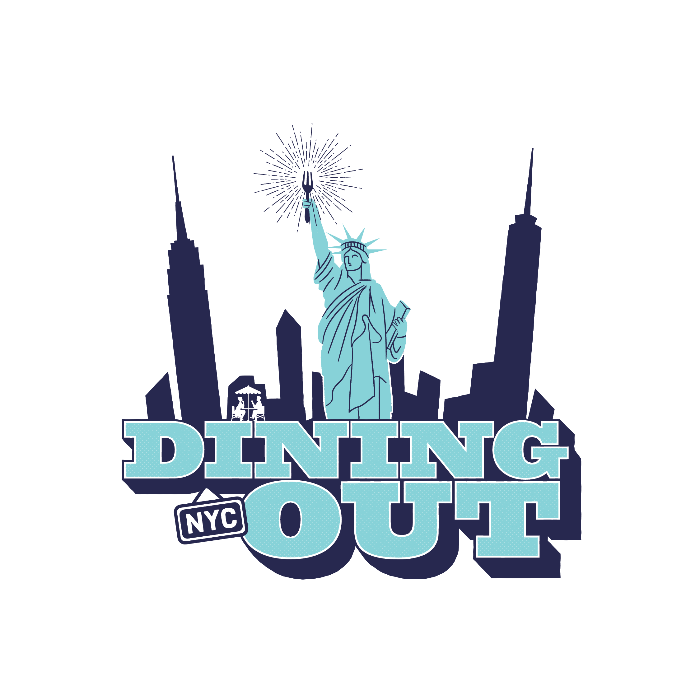 Dining Out NYC logo featuring the Statue of Liberty holding a sparkling fork