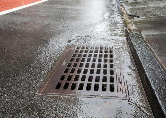 Image of water flowing into a catch basin in the roadway.
