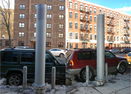 Two images side-by-side showing utility vent poles