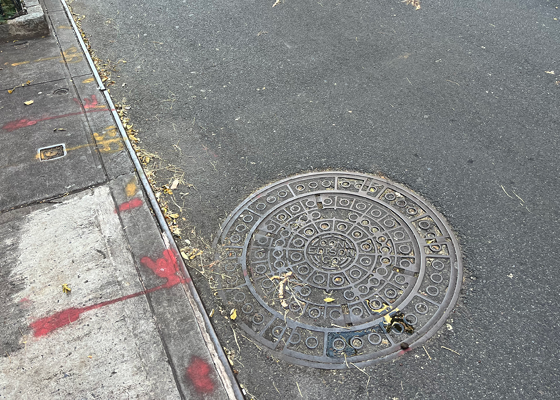 Image of a manhole in the roadway just adjacent to the curb