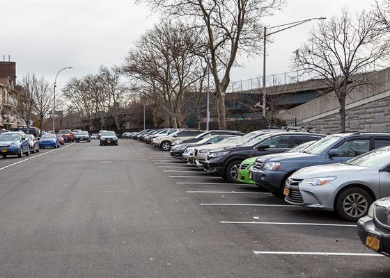 Photo showing angled parking along a street.