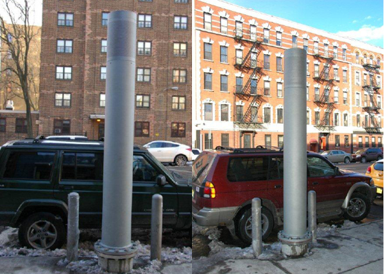 Side-by-side images of utility vent poles on the sidewalk