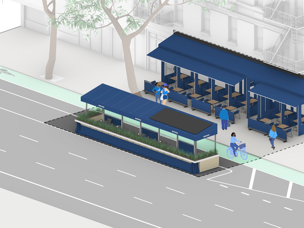 Illustration of a roadway cafe in a floating parking lane, separated by a green bike lane from the curb and restaurant's frontage
