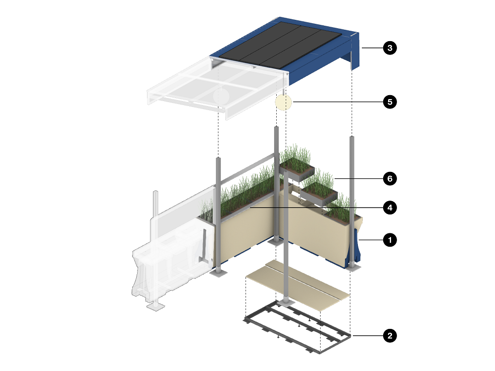 separate components of a floating parking lane roadway cafe are identified on this diagram: barrier, flooring, overhead covering, vertical screening, lighting and electrical, plants