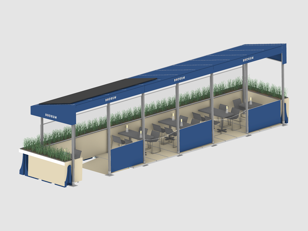 Diagram of a floating parking lane roadway cafe with barriers with plants, a blue overhead covering with solar panels and tables and chairs