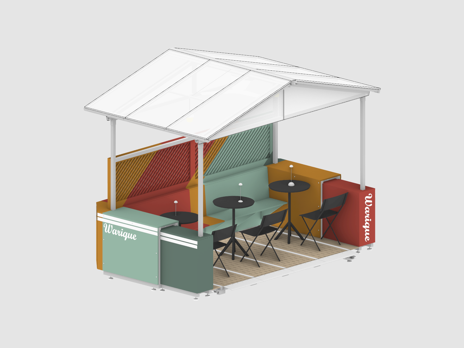 diagram of a small roadway dining setup with three sides made of barriers, a covering, and tables and chairs