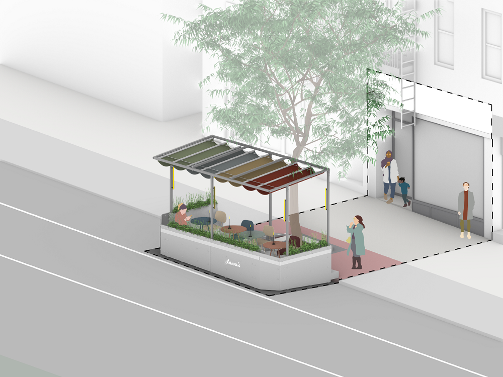 Illustration of a roadway cafe built on a steep NYC street 