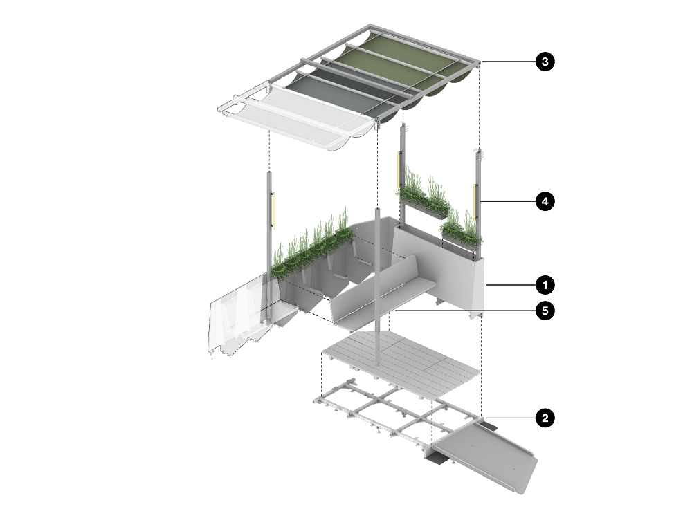 Steep street roadway cafe components including barrier, flooring and ramp, overhead covering, vertical support beams, installed bench