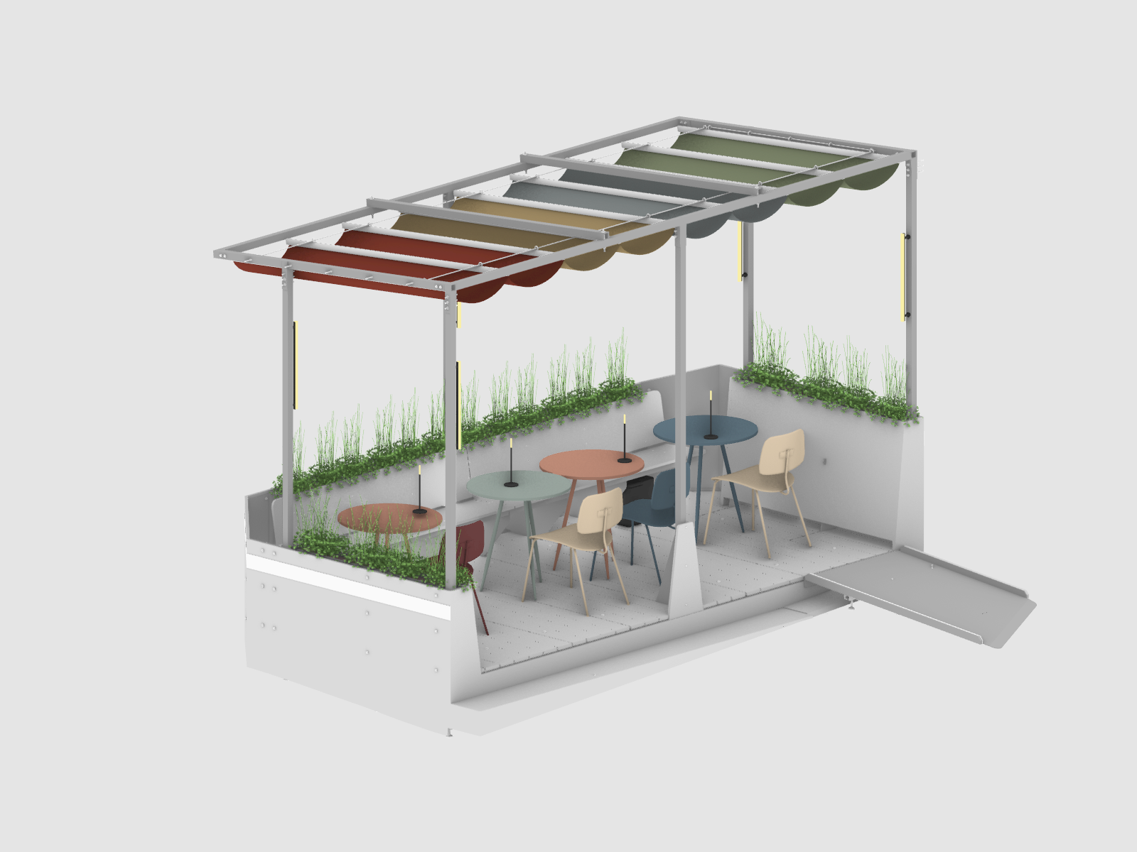 A roadway dining cafe with a colorful awning, tables and chairs, and a ramp to the flooring