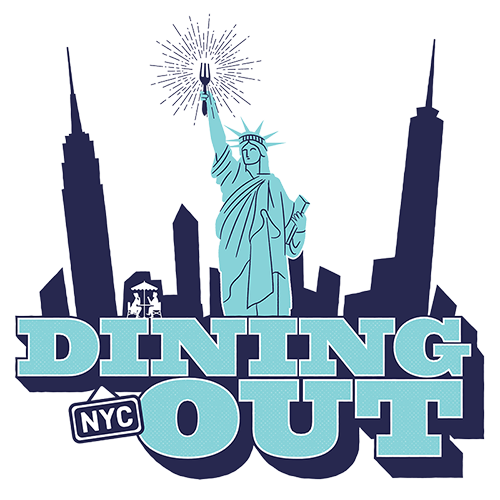 Dining Out N Y C logo on top of a video reel showing a variety of sidewalk and roadway dining setups in New York City